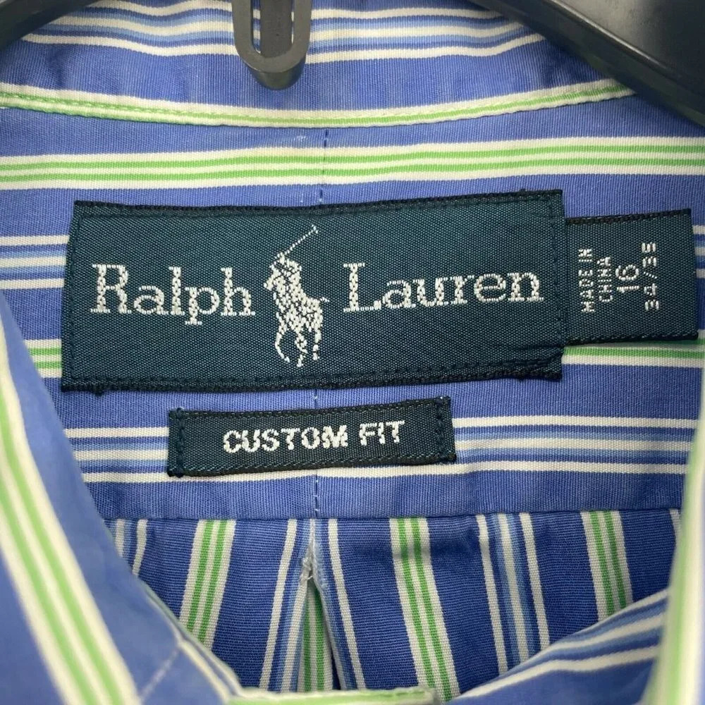 Ralph Lauren Shirt Men’s 16 Blue Green Stripe Custom Fit Button Down Long Sleeve - Picture 6 of 8
